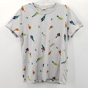 Lucky Brand T-Shirt Women's L Gray Heather Allover Floral Embroidered *Flaw*